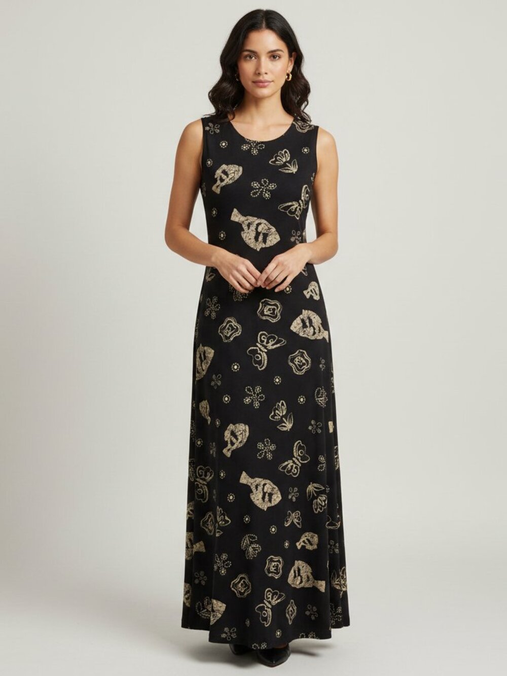 Coldwater Creek PL Batik Print Maxi Dress Sleeveless Black Gold